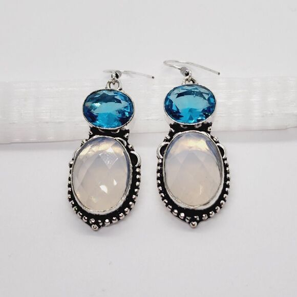 Opalite Blue Topaz Handmade Drop Dangle Earrings Jewelry 2" - Picture 5 of 7